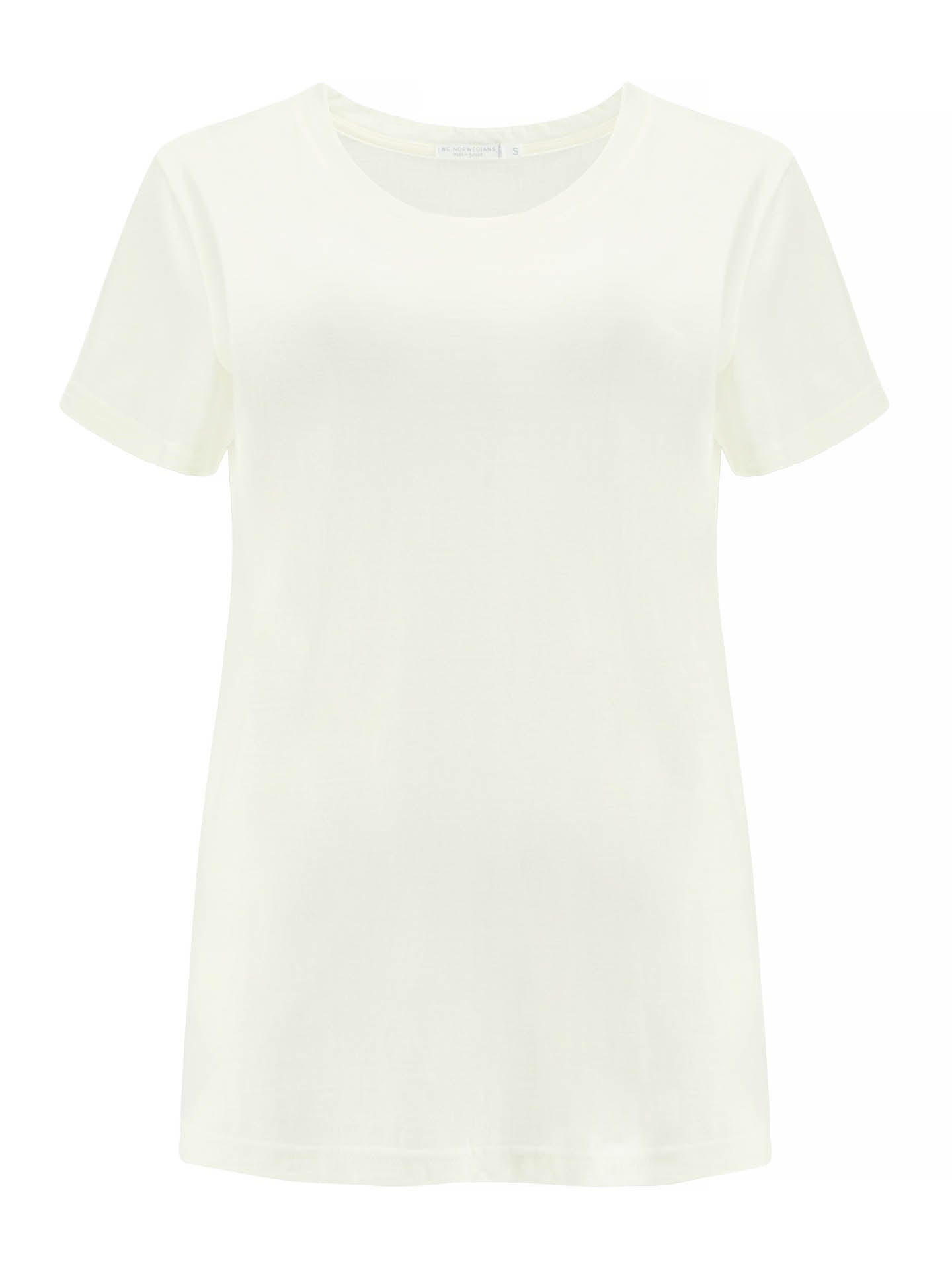 The Base One Tee Women by We Norwegians is showcased against a white background. This luxurious, plain, white, short-sleeved merino wool T-shirt features a round neckline and boasts a simple, clean design without any visible logos or patterns.