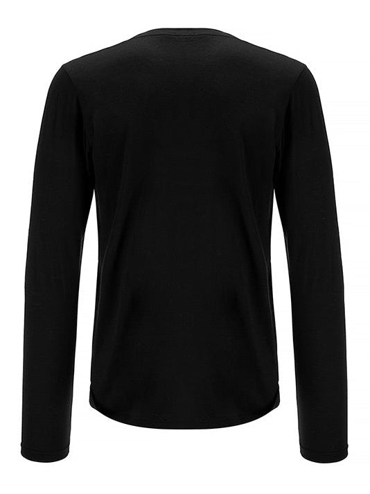 Rear view of the We Norwegians Base One Longsleeve Men Black. The shirt features a simple, classic design with no visible logos or patterns. Crafted from smooth and lightweight merino wool, its slim fit accentuates the silhouette while the full-length sleeves offer a sleek look.