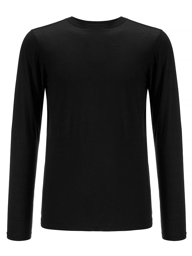 The Base One Longsleeve Men Black from We Norwegians is showcased against a clean white background. This plain, black T-shirt features a crew neckline and a classic, slim fit design without any visible logos or patterns. It is crafted from soft merino wool for enhanced comfort.