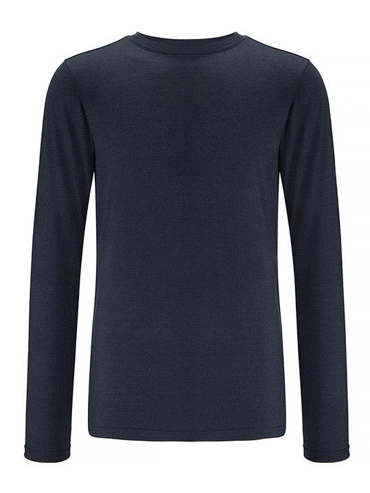 A plain, long-sleeve, dark navy blue shirt displayed against a white background. Named Base One Longsleeve Men Navy by We Norwegians, the shirt features a simple crew neckline and a soft, lightweight merino wool fabric for a slim fit.