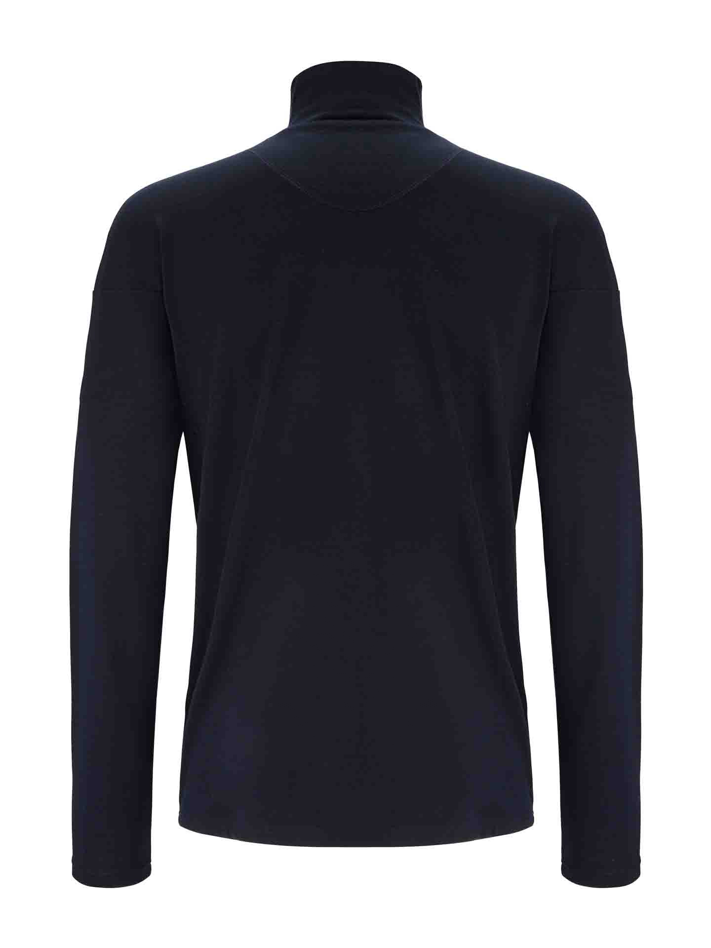 A long-sleeve, black Voss Colblock 1/4 Zip Men Flag by We Norwegians is displayed on a plain white background. The image shows the back of this Merino pullover, highlighting its simple, solid color block design with no visible logos or patterns.