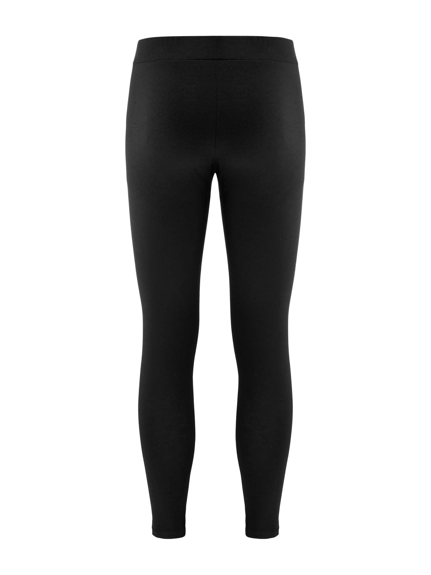 Sno Merino Long Johns Bottoms Men by We Norwegians are depicted from the back, showcasing their full-length design that extends to the ankles. These black long johns feature a high waistband and have a smooth, fitted appearance. Constructed from breathable and odor-resistant material, they provide Scandinavian luxury base-layer comfort with a stretchy, form-fitting feel.