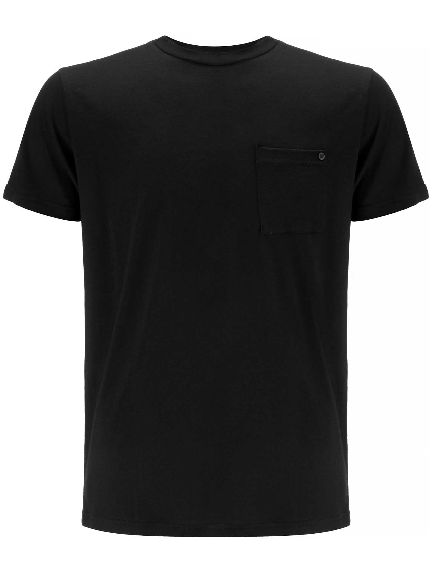 Introducing the Base One Pocket Tee for Men from We Norwegians—a plain black short-sleeve T-shirt crafted from soft merino wool. This stylish shirt features a single-button chest pocket on the left side and boasts a classic crew neckline, offering a simple and clean look. Plus, it's machine washable for easy care.