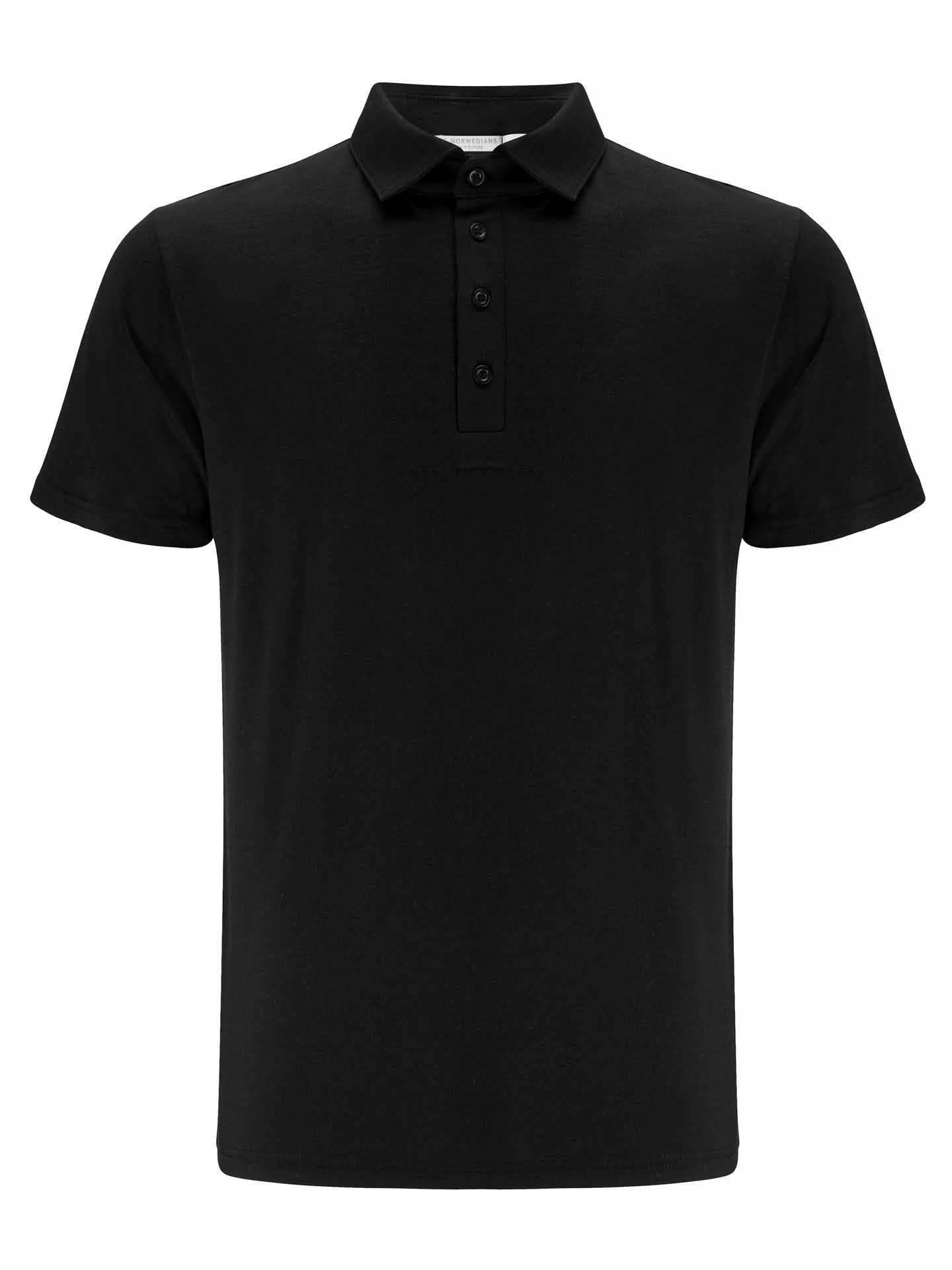 The Base One Polo Men Black from We Norwegians is a men's black short-sleeve polo shirt featuring a three-button placket and classic collar, crafted from super fine merino wool. It has a clean, plain design without any visible logos or patterns, making it an ideal versatile base layer.