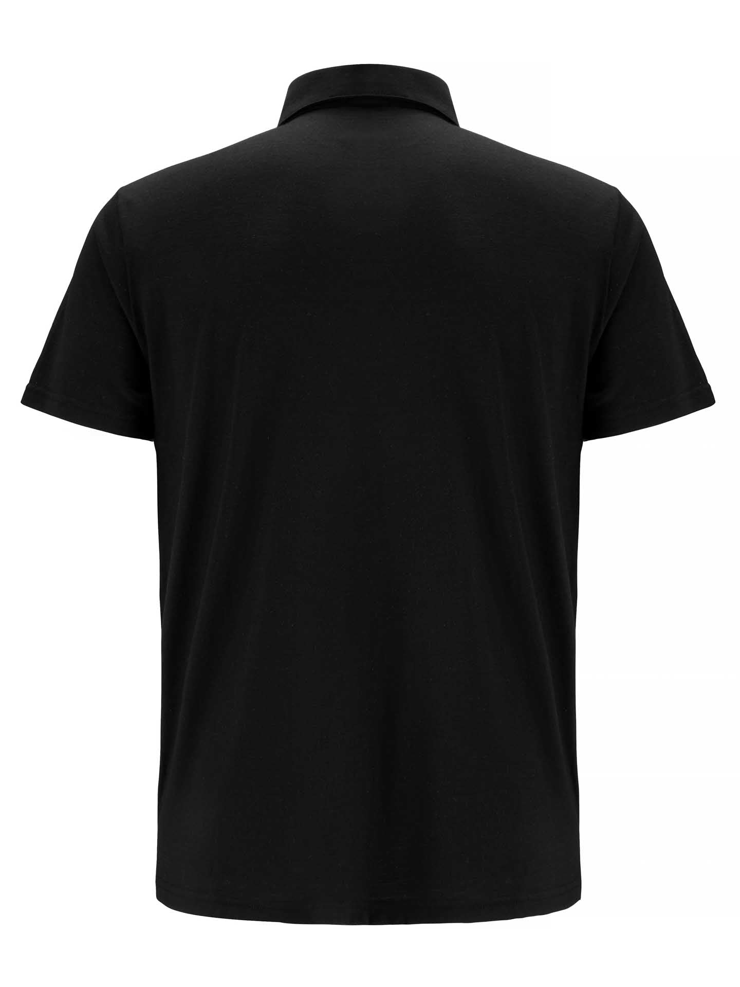 The image showcases the back view of the "Base One Polo Men Black" shirt by We Norwegians. This plain black short-sleeve men's polo features a classic collar and a sleek design with no visible logos or patterns. Crafted from super fine merino wool, the fabric looks smooth and soft, making it perfect as a comfortable and stylish base-layer.