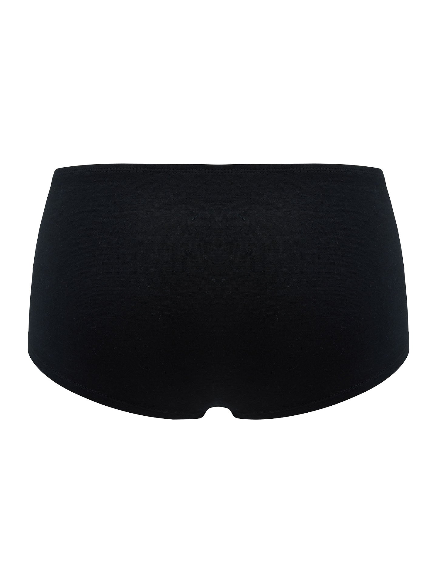 A black high-waisted pair of women's underwear viewed from the back, crafted from breathable fabric. The smooth material embodies Scandinavian luxury base-layers with no visible patterns or designs, perfect for an elegant and comfortable fit.
