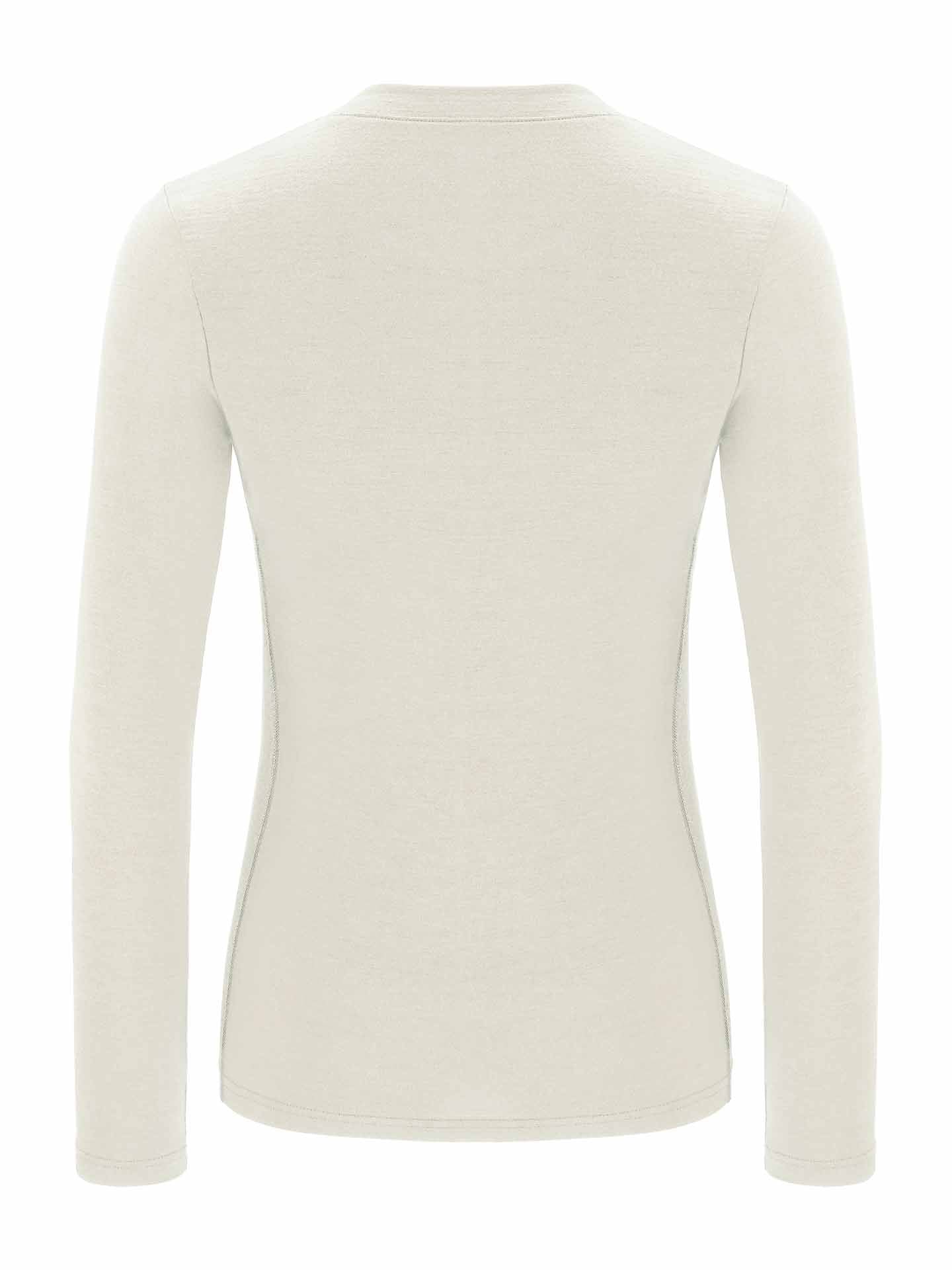 Back view of the Sno Merino Crewneck for Women by We Norwegians, showcasing its plain, long-sleeve, light beige design. Crafted from super fine merino wool, this shirt features a simple, fitted silhouette with no visible embellishments, logos, or patterns.