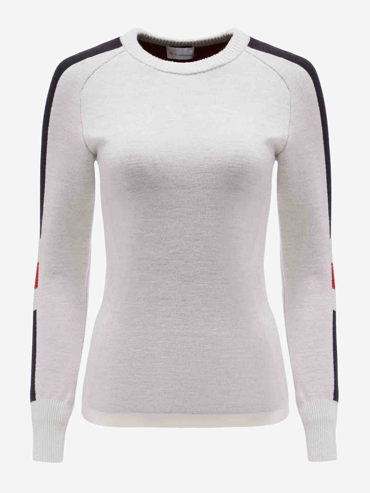 Introducing the We Norwegians Hafjell Crewneck Women in White, a light gray women's sweater with long sleeves adorned by striking black and red stripes running down the shoulders and arms. Crafted from premium merino wool, this slim fit design features a round neckline, with soft fabric that is subtly ribbed at the cuffs and hem to evoke the style of classic ski sweaters.