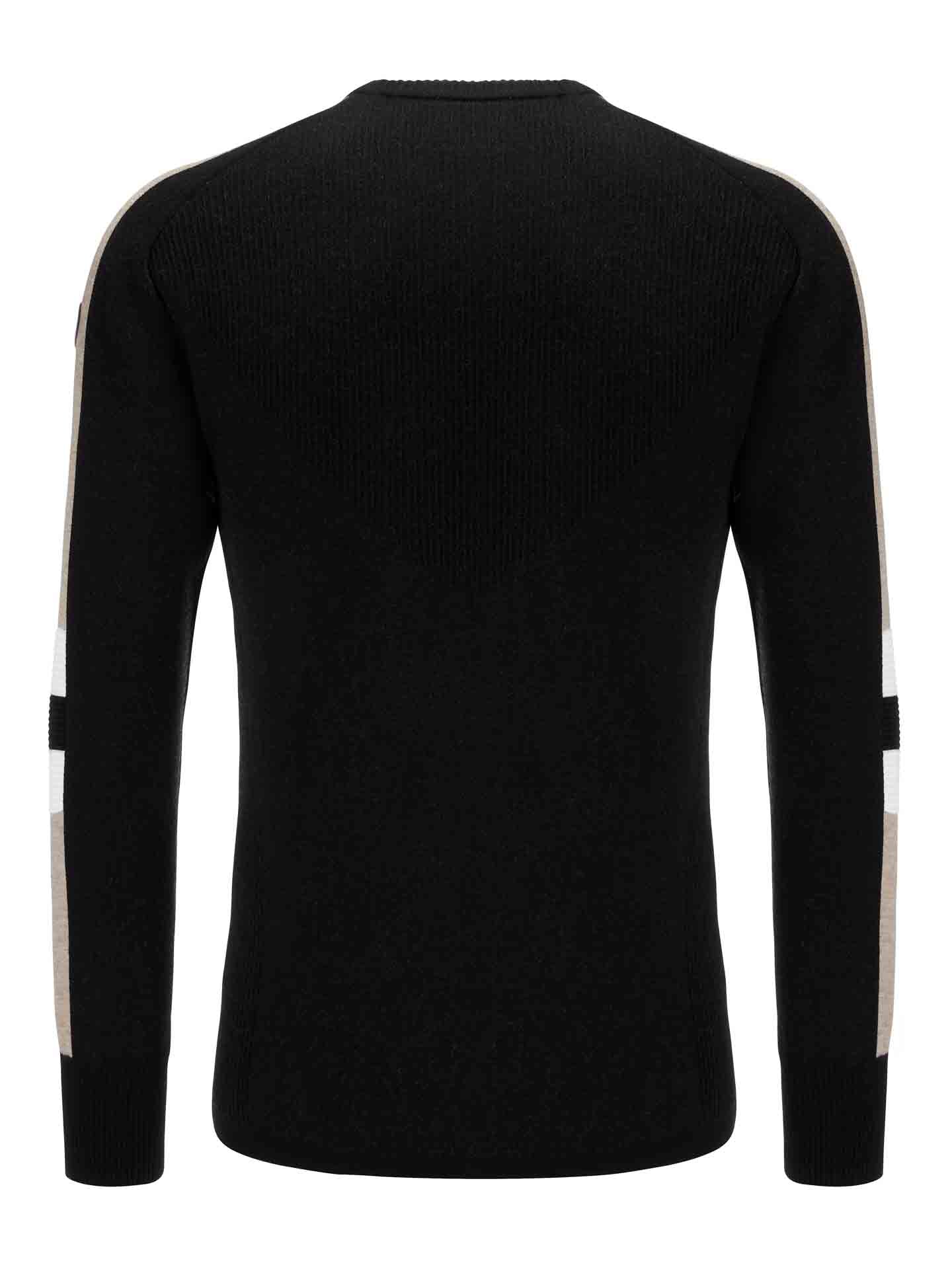 The Hafjell Crewneck Men Black by We Norwegians is displayed from the back. This long-sleeved sweater, made of cozy merino wool, showcases beige and white stripes running down the sleeves. The simple, modern design includes a ribbed texture on the shoulders and cuffs, echoing classic ski sweaters.