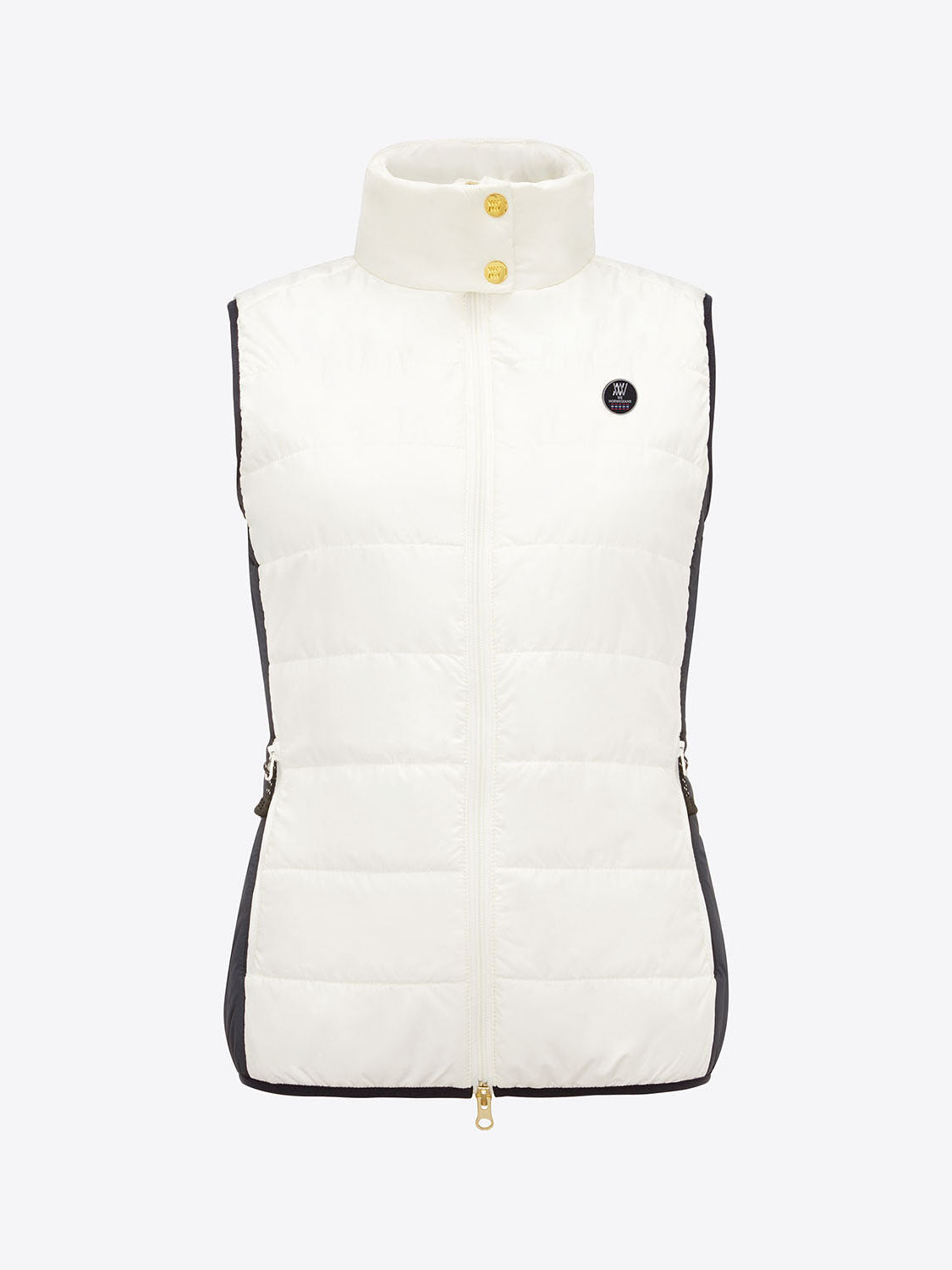 A sleeveless, white quilted "Myrken Lavalan Vest Women White" by We Norwegians featuring wool filling, a high collar, two golden buttons at the neckline, and a front zipper closure. The vest also showcases black side panels and a small round logo on the left chest.