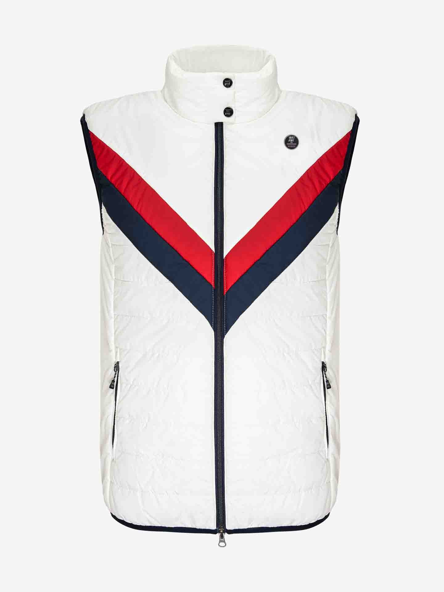 Introducing the Myrken Lavalan Vest Men White by We Norwegians: a sleeveless, white zip-up vest with a high collar. It features a bold V-shaped pattern in navy blue and red on the chest. Crafted from water-repellent fabric and boasting wool filling, it also has two zippered pockets situated on either side near the hem.