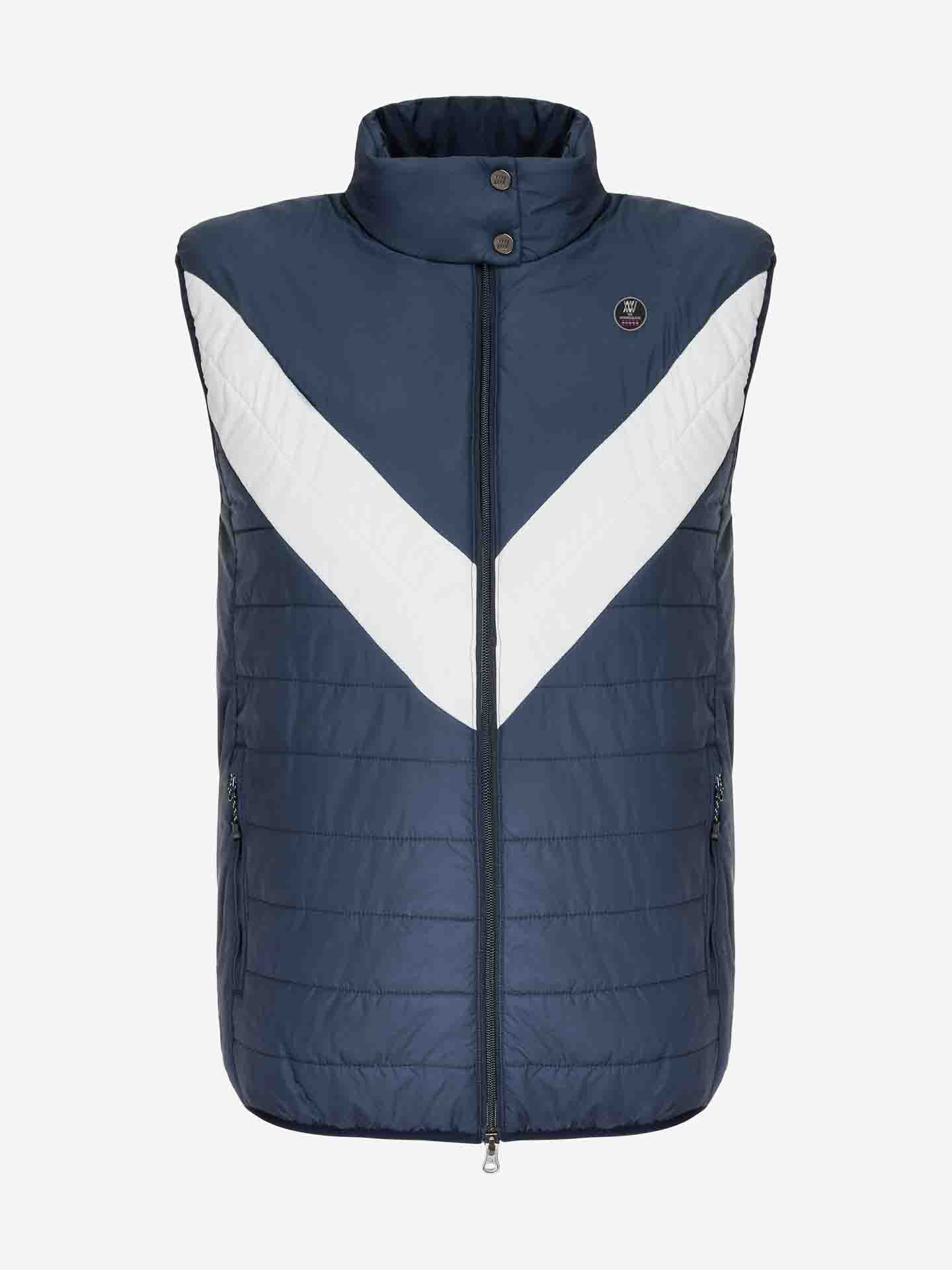 The We Norwegians Myrken Lavalan Vest Men Navy is a sleeveless, navy blue padded vest characterized by a striking white V-shaped stripe on the chest. It features a high collar with two front buttons, a central zipper closure, and is made from water-repellent fabric with wool filling for added warmth.
