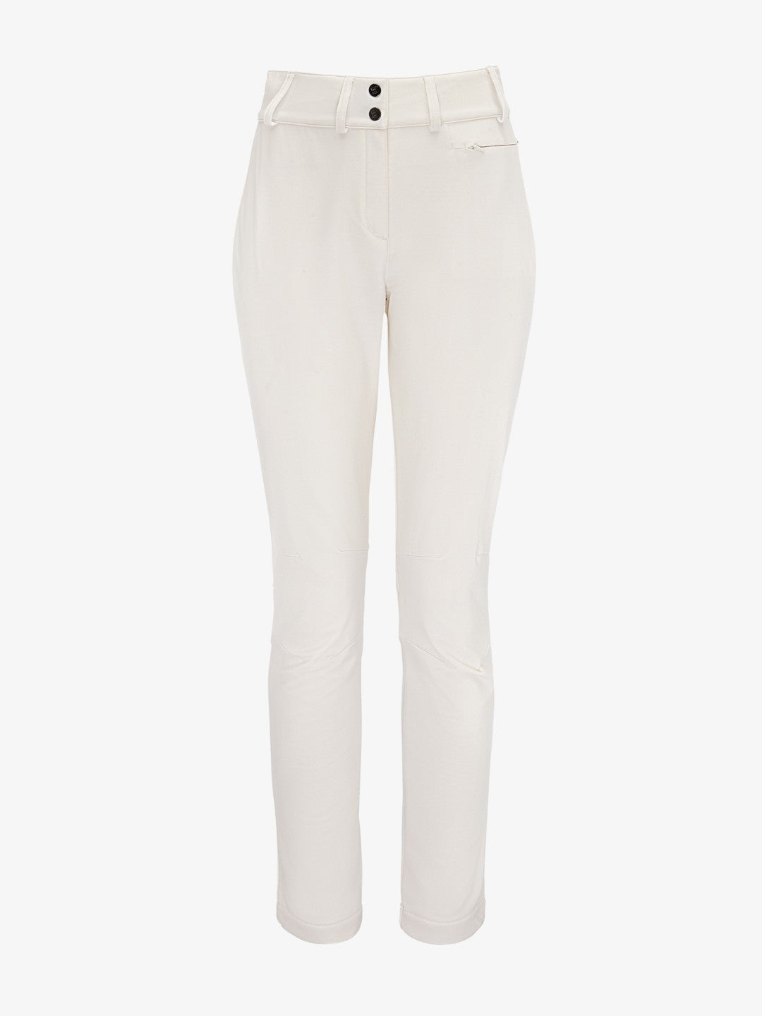 Introducing the Lista Pant Women Cream by We Norwegians: a pair of high-waisted, slim-fit women's pants in a classic cream color. These elegantly designed pants feature a button and zipper closure, belt loops, and front and back pockets. Crafted from premium Swiss Schoeller fabric, the smooth and slightly stretchy material ensures optimal comfort while maintaining simplicity and elegance.