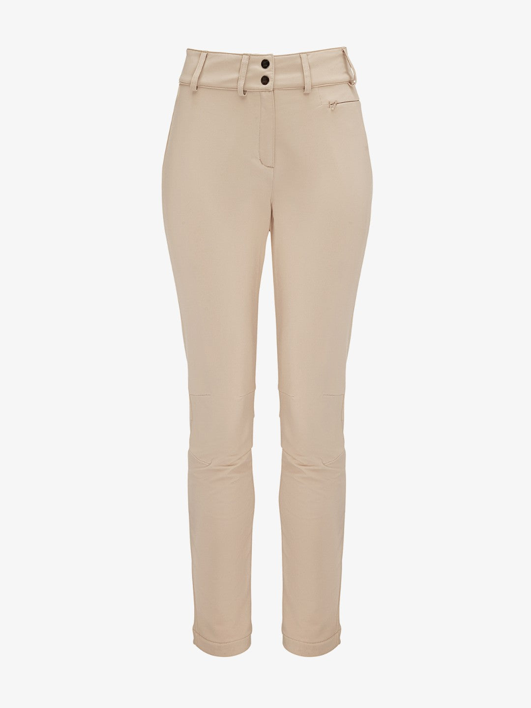 The Lista Pant Women Sand by We Norwegians is a pair of beige women's trousers with a fitted design, crafted from Swiss Schoeller fabric. These trousers feature belt loops, a high waist with dual button closure, and a small zippered pocket near the right side. The smooth fabric offers 4-way stretch for enhanced comfort. Background is plain white.