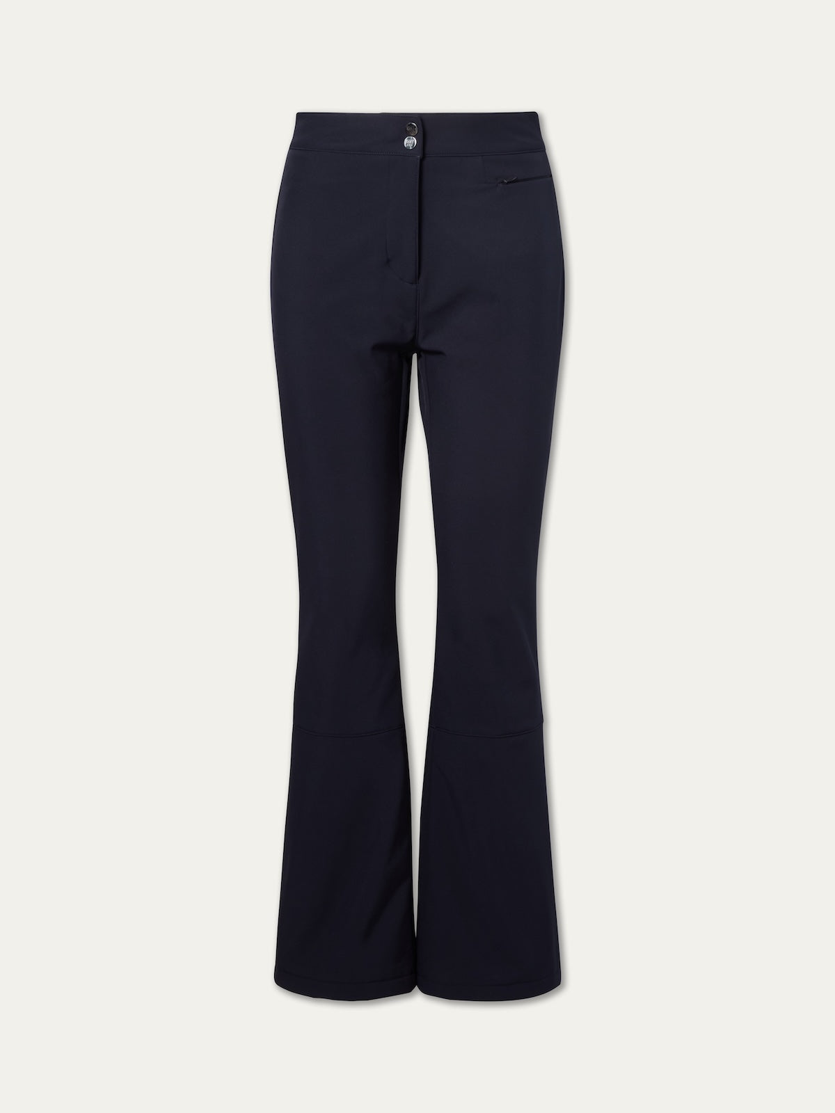 The We Norwegians Tyin Bootleg Ski Pant Women in black features a high waist, water-repellent soft shell, button and zip closure, front pockets, and knee shaping, shown on a plain white background.