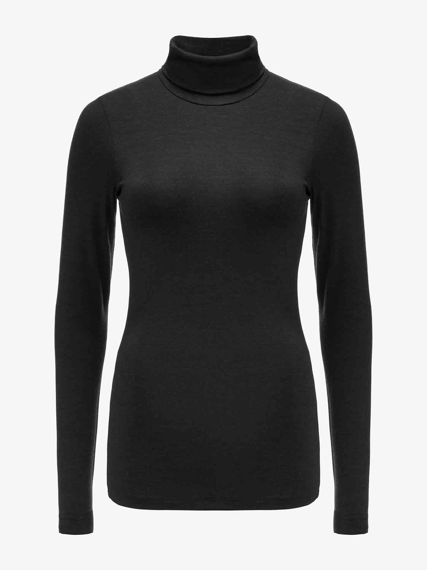 The Hygge Turtleneck Women from We Norwegians is displayed against a plain white background. This black, long-sleeve top features a form-fitting design made from luxurious Tencel, a high neckline, and offers smooth, clean lines—making it the perfect base layer for comfort and style.