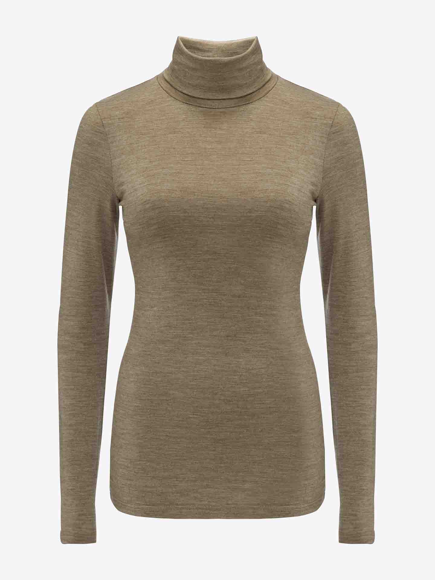 The Hygge Turtleneck Women by We Norwegians is showcased against a plain white background. This fitted, long-sleeve sweater in olive green is made from merino wool and features a smooth texture with a snug collar.