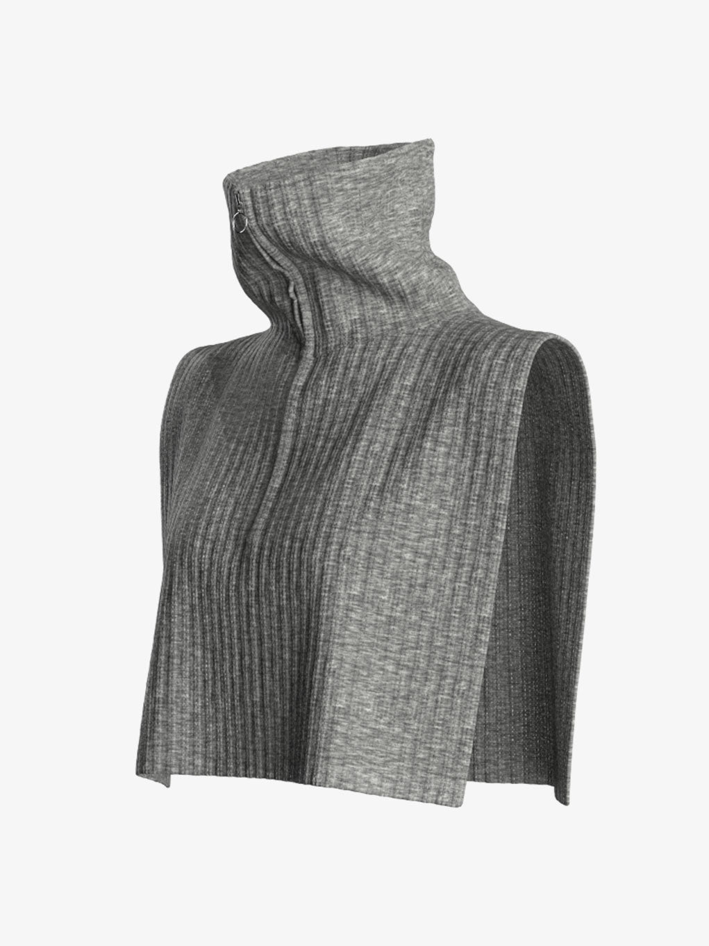 The Blefjell Cashmere Bib Women by We Norwegians showcases a gray, ribbed knit collar with a high neck and a sleek metal half-zip closure. Its design is enhanced by extended side panels, offering a unique, modern style reminiscent of a layered vest.