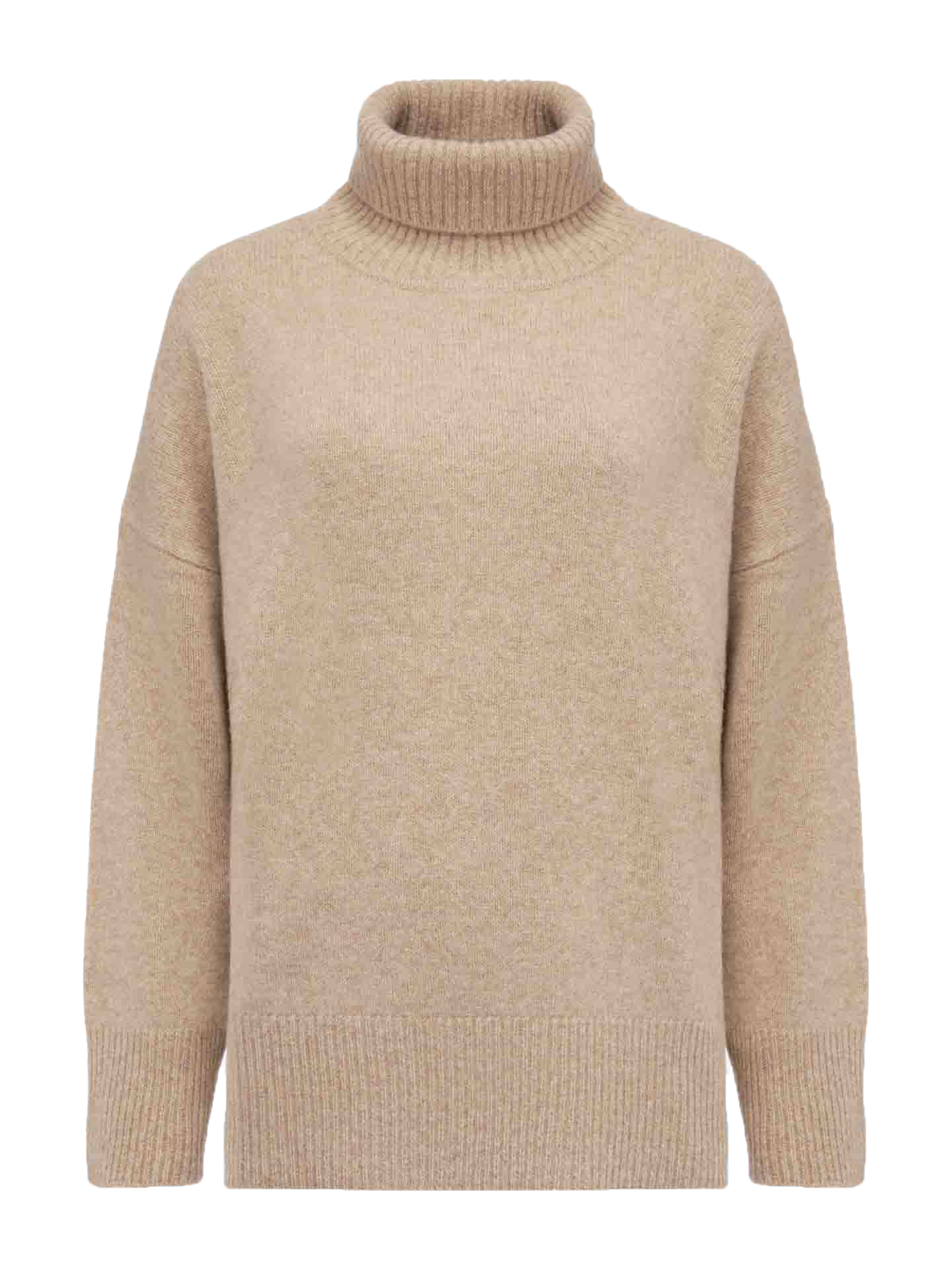The Blefjell Cashmere Sweater by We Norwegians is a beige turtleneck with a relaxed fit and long sleeves. Its knit fabric offers timeless style, while subtly ribbed cuffs and hem add detailed luxury to this piece.