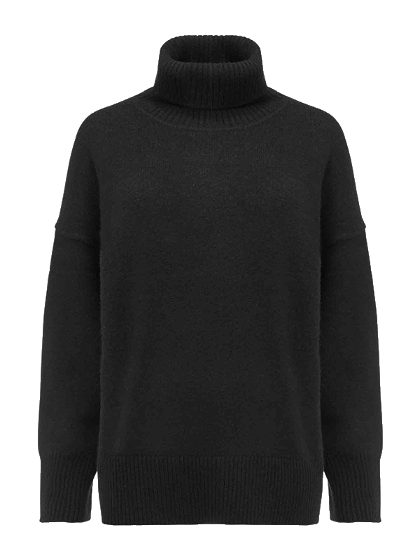 The We Norwegians Blefjell Cashmere Sweater for women is a black turtleneck with long sleeves, ribbed cuffs and hem, and offers a relaxed fit for a cozy and timeless style.
