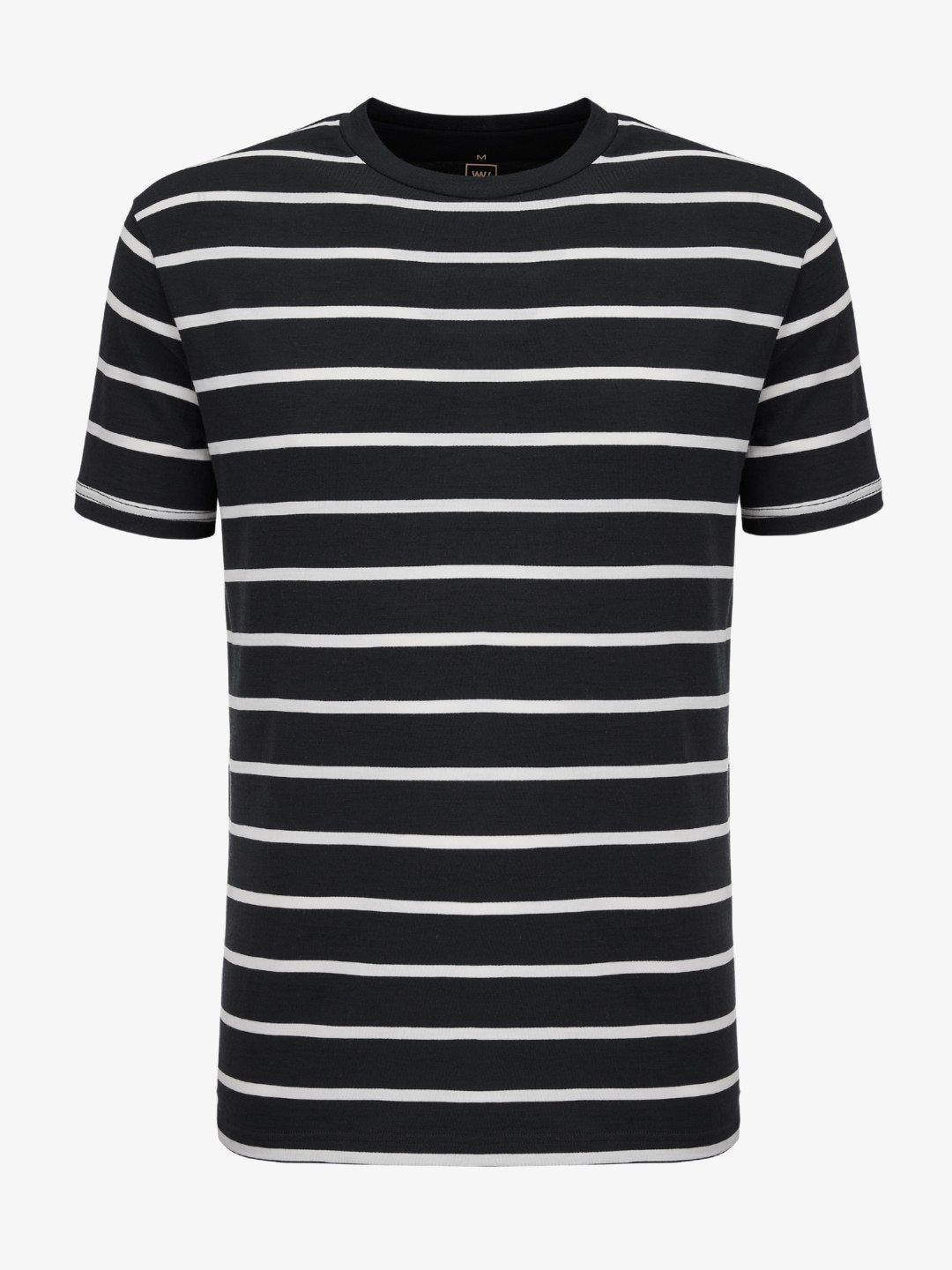 A stylish navy short-sleeve T-shirt, the Kragero Tee Men by We Norwegians, is crafted from Merino Wool and features evenly spaced horizontal white stripes across the front. Displayed on a plain white background, this T-shirt has a crew neck and offers a casual fit, making it an ideal base-layer.