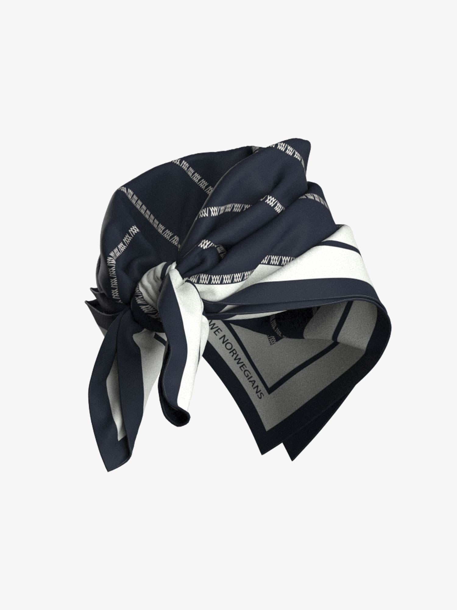 A stylishly folded, designer silk scarf in navy blue with diagonal stripes and text reading "We Norwegians" on the visible portion. The fabric is smooth and shiny, showcasing its high-quality material.