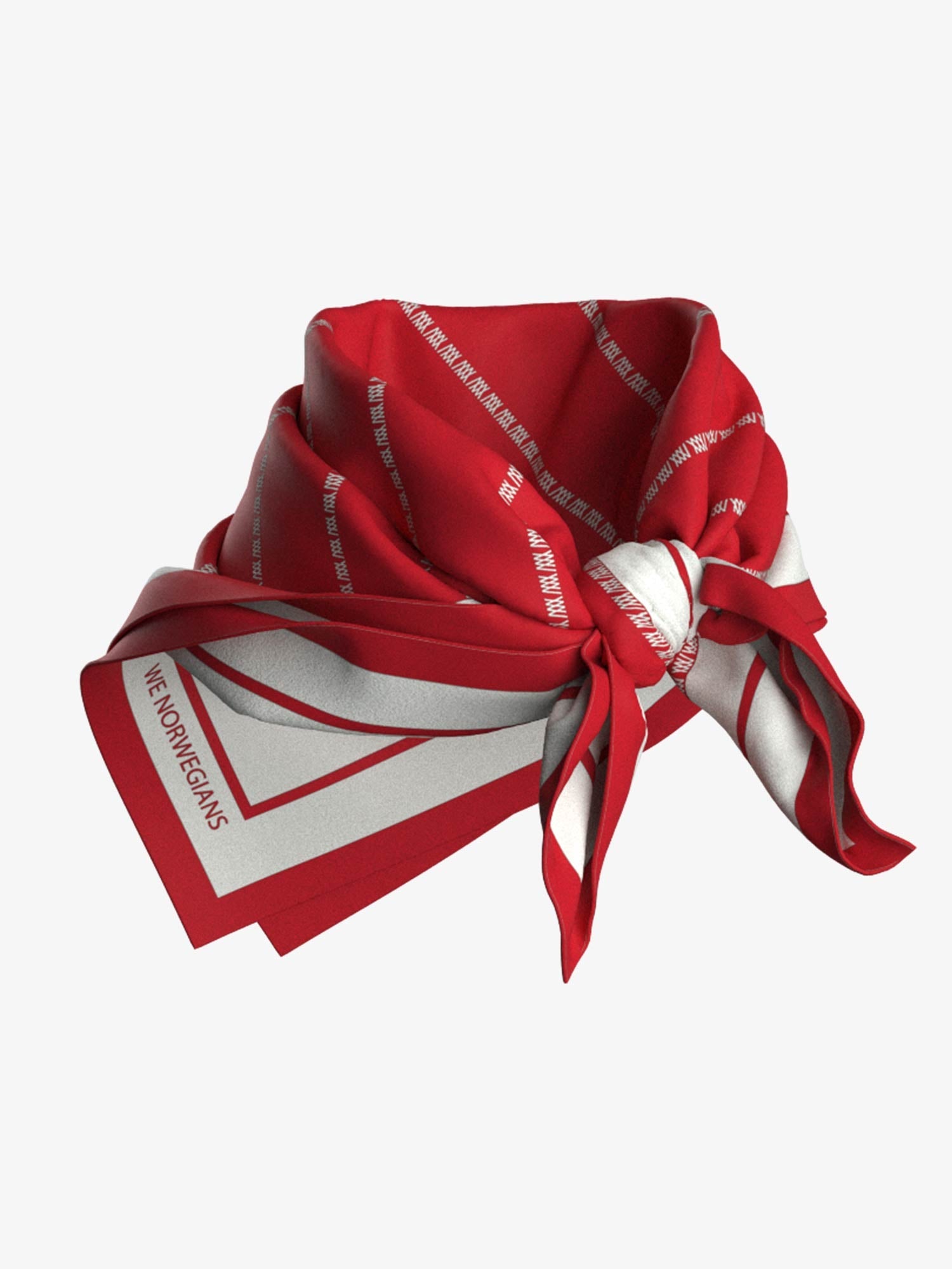 The We Norwegians Ship Silk Scarf in red, made from luxurious silk-twill, showcases solid red and white sections accented by lines of smaller white text that form an elegant border. Stylishly folded and tied, this designer accessory prominently displays the word "NORWEGIANS" along one edge.