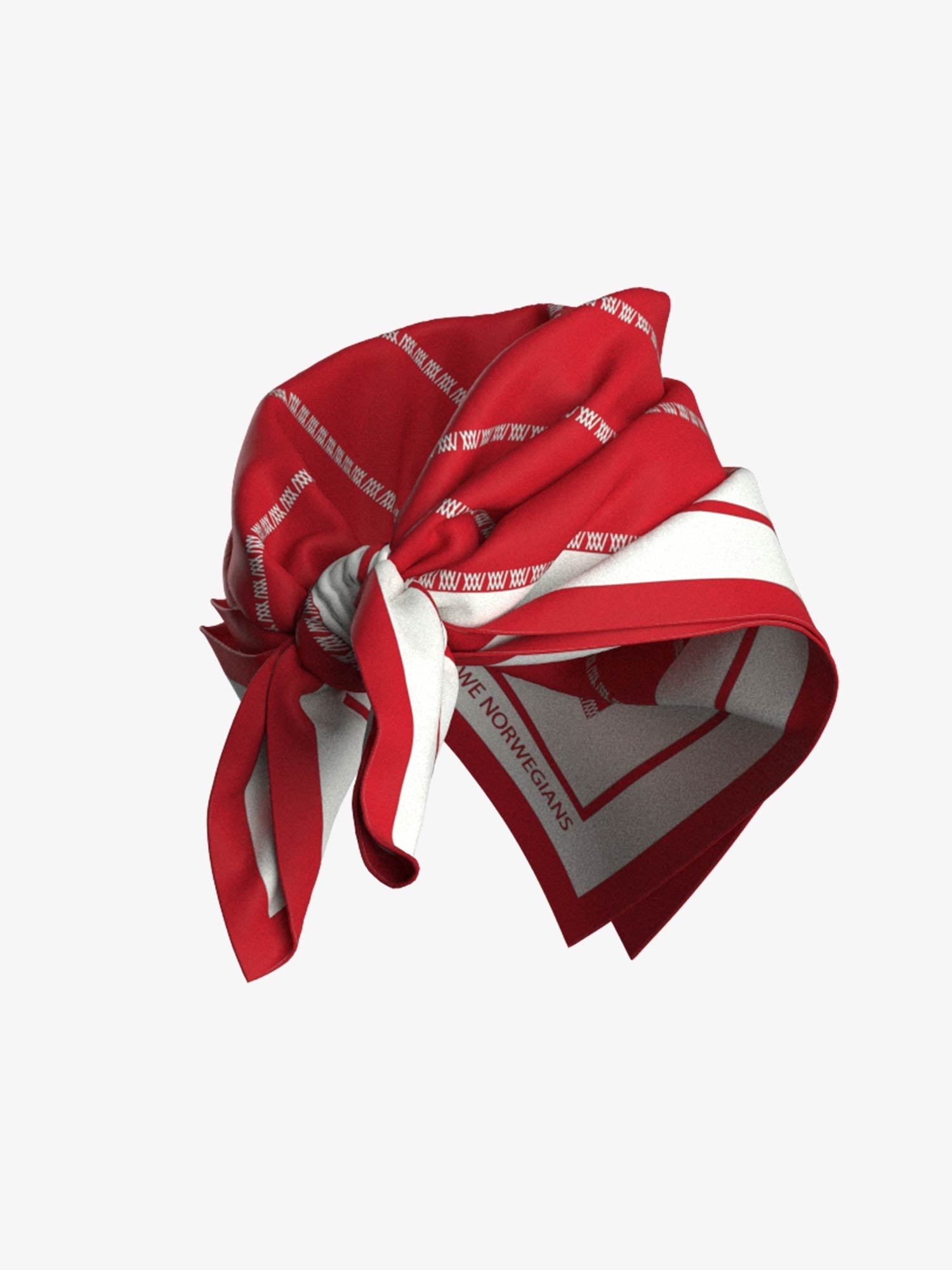 A We Norwegians' Ship Silk Scarf Red, intricately tied in a stylish knot, features alternating stripes and text in red, white, and dark grey patterns. This designer accessory exudes a bold yet elegant appearance.