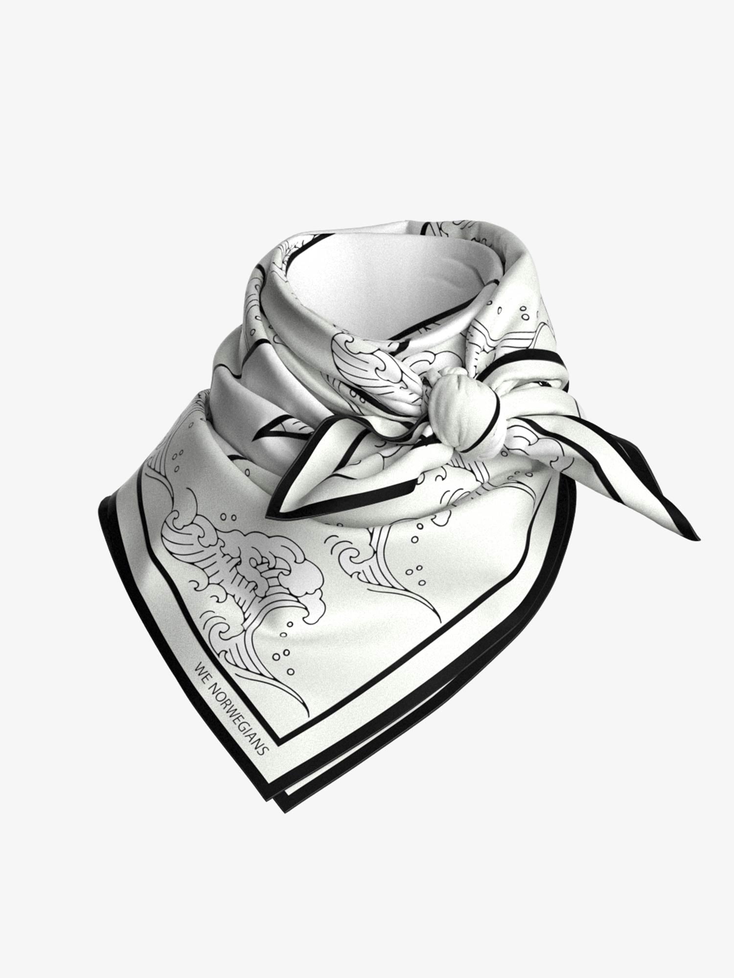 A Wavy Silk Scarf White by We Norwegians, featuring an elegant black-and-white nautical-themed design with waves and sailing elements inspired by Japanese printmaking, is neatly tied into a knot. The scarf has a border with a subtle pattern and text that reads "We Norwegians" at one of the corners.