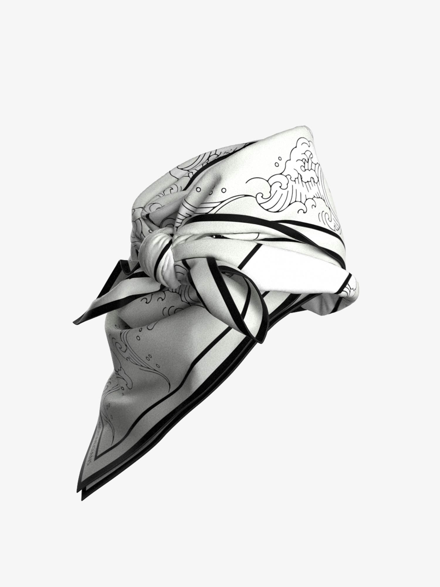 The Wavy Silk Scarf White by We Norwegians is tied in a stylish knot, featuring a white background with black outlines and intricate wave patterns. The scarf showcases detailed, flowing designs reminiscent of Japanese printmaking and is folded neatly to highlight its elegant art.