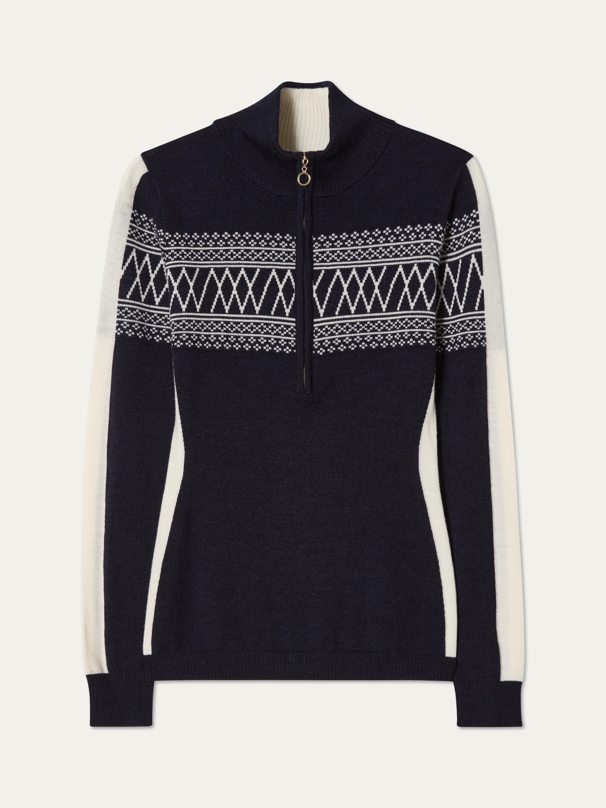 The We Norwegians Signature 1/4-Zip Women is a navy ski sweater with a white Setesdal pattern on the chest and sleeves, half-zip front, and white side panels.