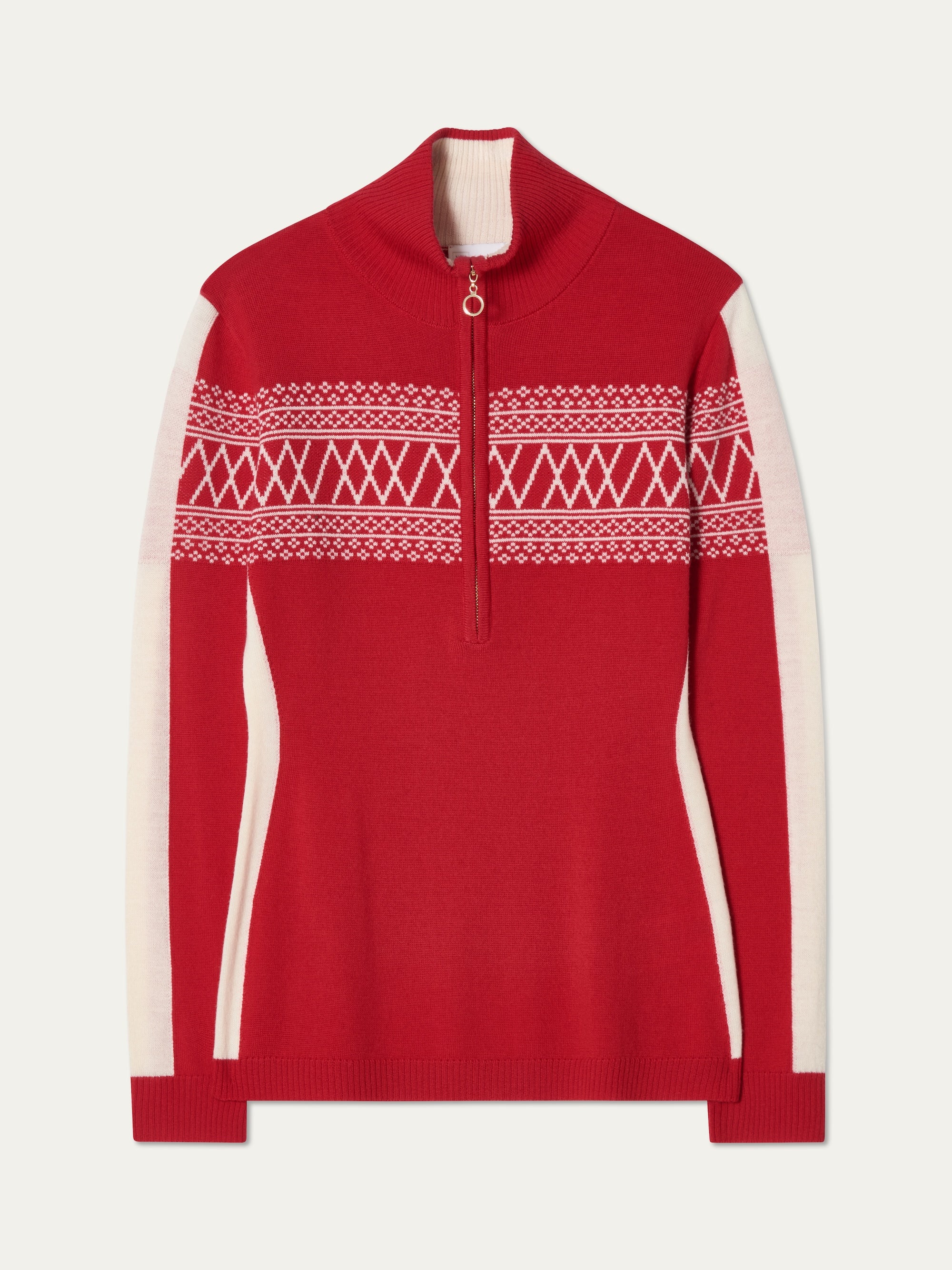 The Signature 1/4-Zip Women by We Norwegians is a red ski sweater featuring a half-zip neckline, white Setesdal pattern on the chest and arms, and white side panels along the sleeves and torso.