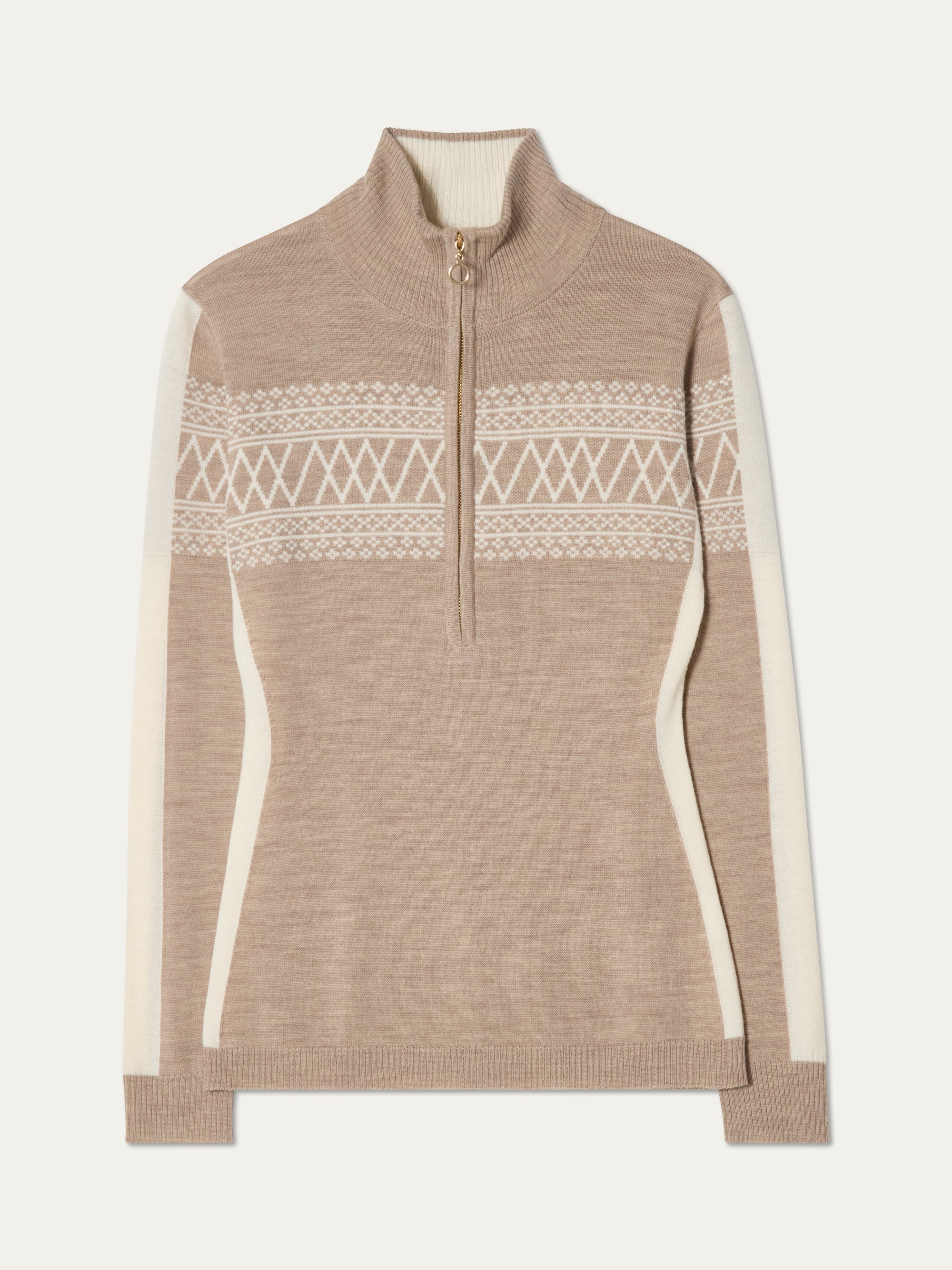 The We Norwegians Signature 1/4-Zip Women is a beige merino wool ski sweater with cream panels and a white Setesdal pattern across the chest and arms, featuring a half-zip collar. Sweater shown laid flat.