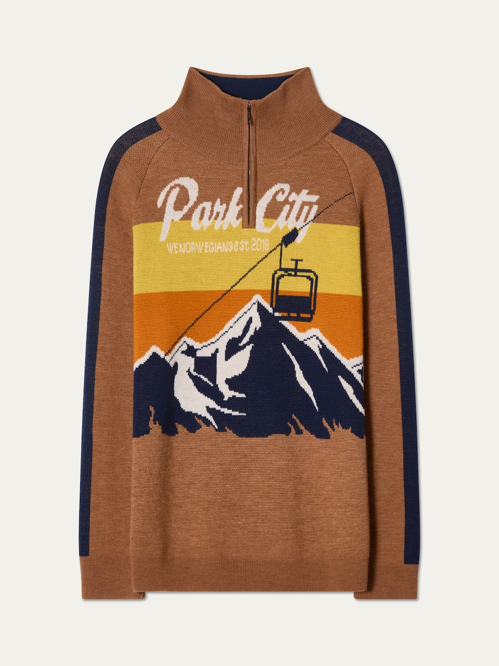 The We Norwegians Afterski Sweater Men is a brown half-zip with “Park City” over yellow, orange, and navy stripes, featuring a mountain scene and cable car. Navy sleeve details complete its vintage ski look.