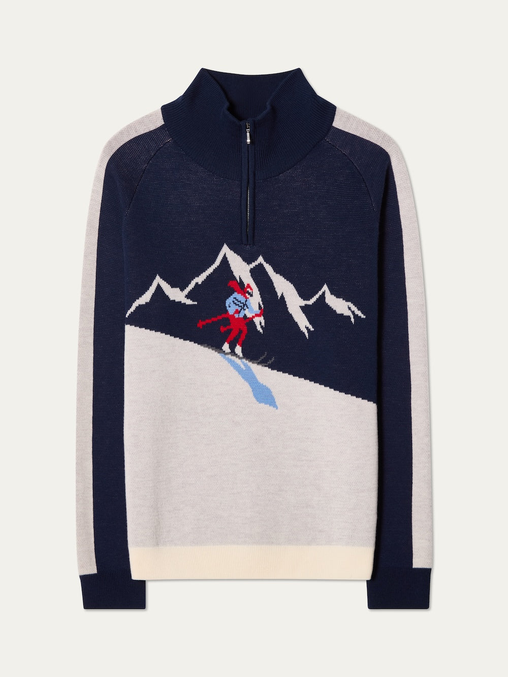 The We Norwegians Afterski Sweater Men is a quarter-zip merino wool ski sweater in navy and gray, featuring a mountain scene with a red skier on the front against snowy peaks.