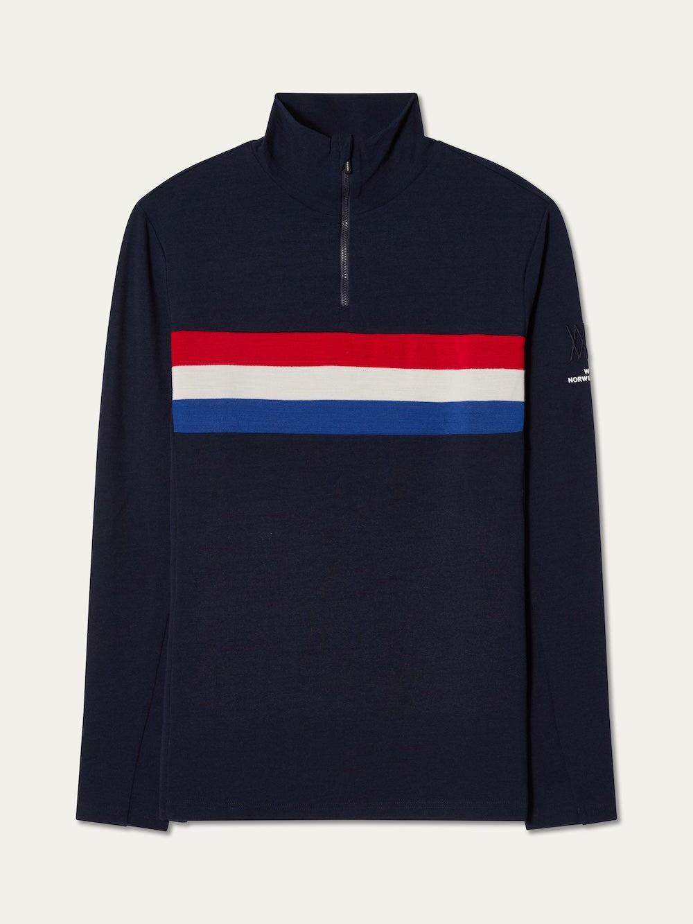 The We Norwegians Ski 1/4-Zip Men is a navy long-sleeve pullover with a red, white, and blue horizontal chest stripe and a small white logo on the left sleeve.