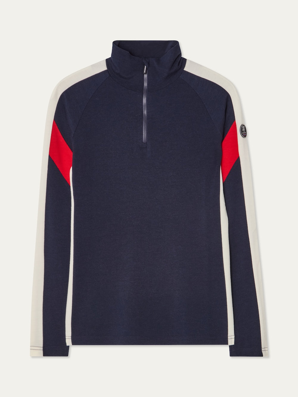 The We Norwegians Zermatt Zipup Men is a navy long-sleeve ski sweater with a quarter-zip, white shoulder and sleeve panels, red diagonal stripes on the upper sleeves, and a small circular logo patch on the left upper arm.