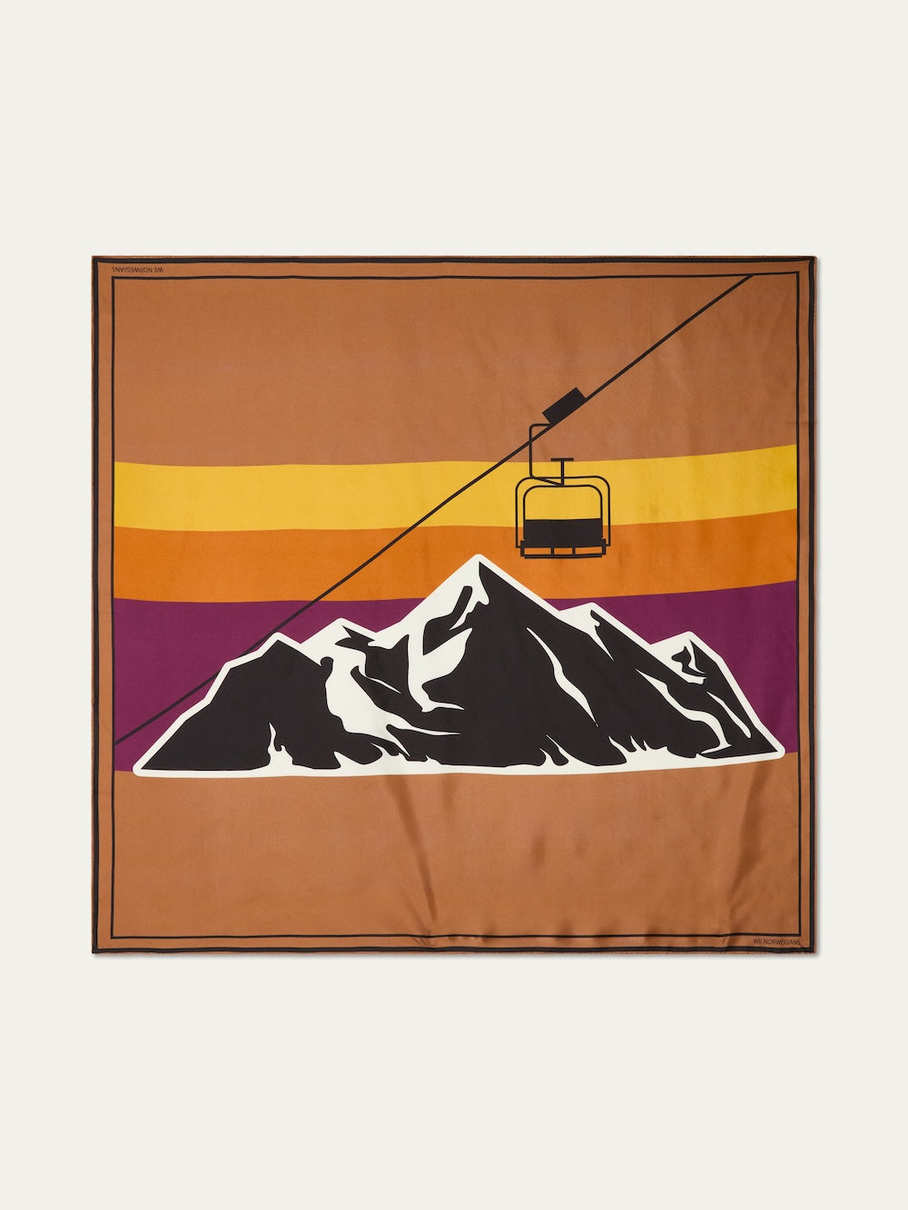 Introducing the Afterski Silk Scarf by We Norwegians—a square silk twill scarf showcasing a striking mountain graphic, a charming cable car, and horizontal stripes in yellow, orange, and purple tones above the mountains on a rich brown background. Finished with hand-stitched edges, this elegant accessory is perfect for après-ski style.