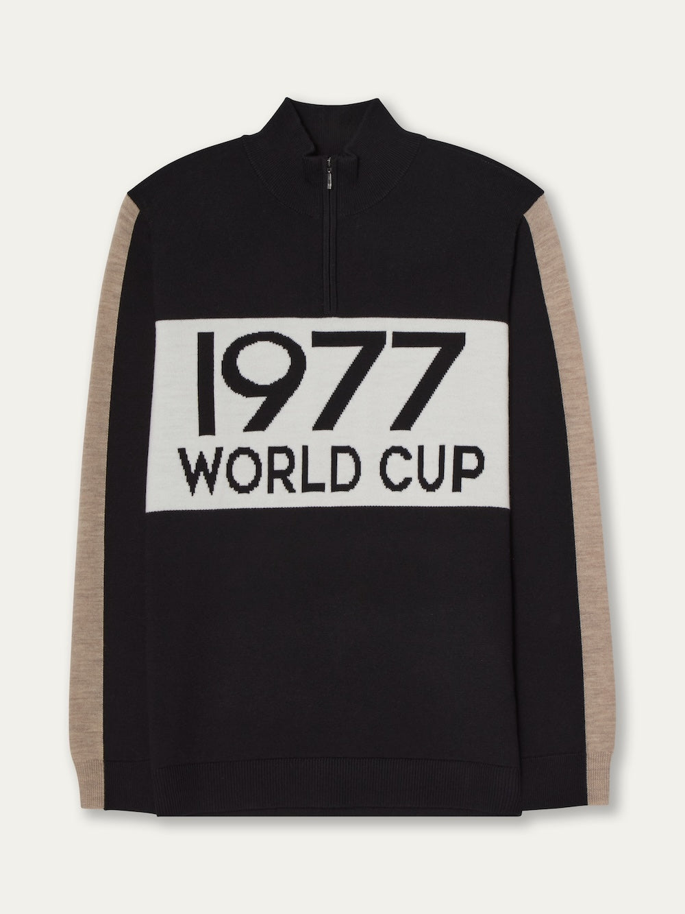 The We Norwegians 1977 World Cup Zipup Men is a black alpine-style sweater with beige sleeves, a white front, and bold "1977 WORLD CUP" text for a sporty, retro look.