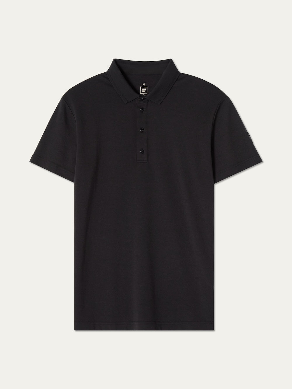 The We Norwegians Medalist Piqué Polo Men is a plain black short-sleeve golf shirt with a collar and three-button placket, shown on a white background.