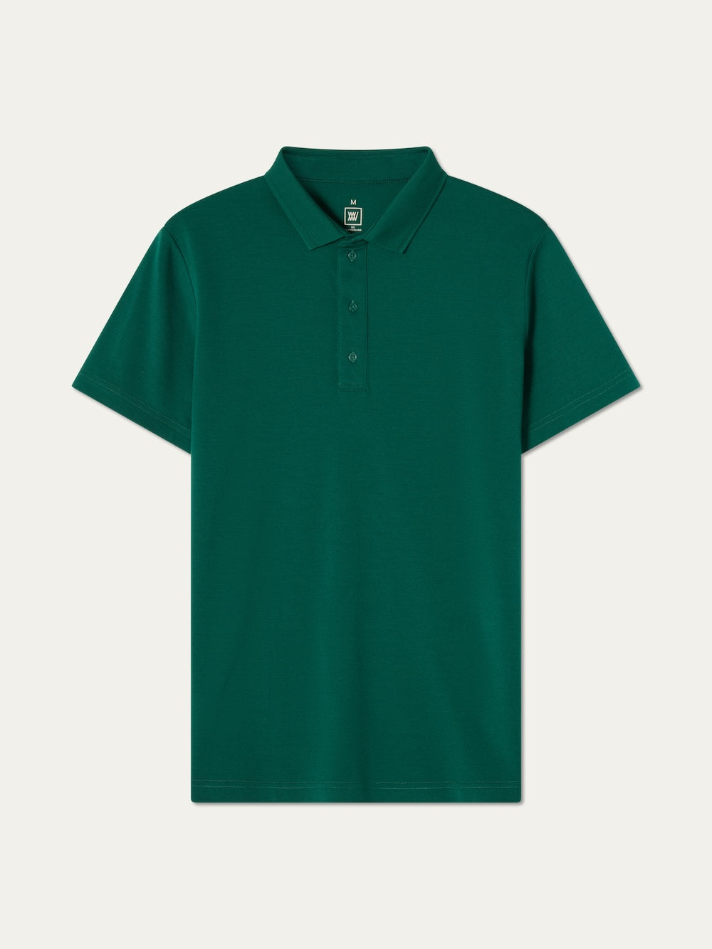 The We Norwegians Medalist Piqué Polo Men is a dark green, short-sleeved golf shirt with a collar and three-button placket, designed for comfort and style, shown on a white background.