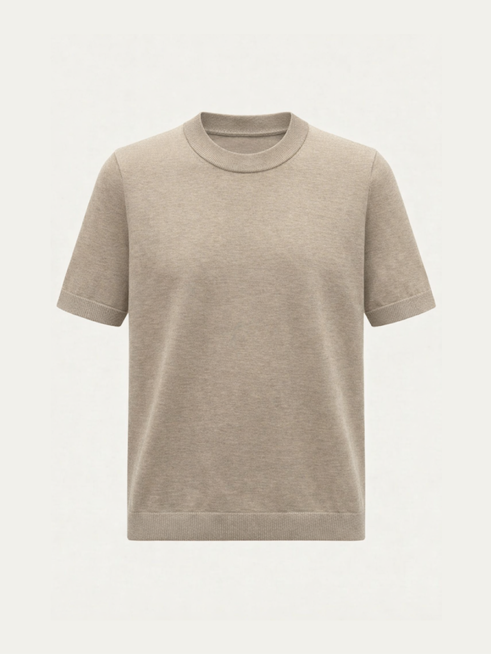 The Club Top Women - Summer Cashmere by We Norwegians, a beige short-sleeve crewneck t-shirt made from lightweight cashmere, is displayed against a light, neutral background.