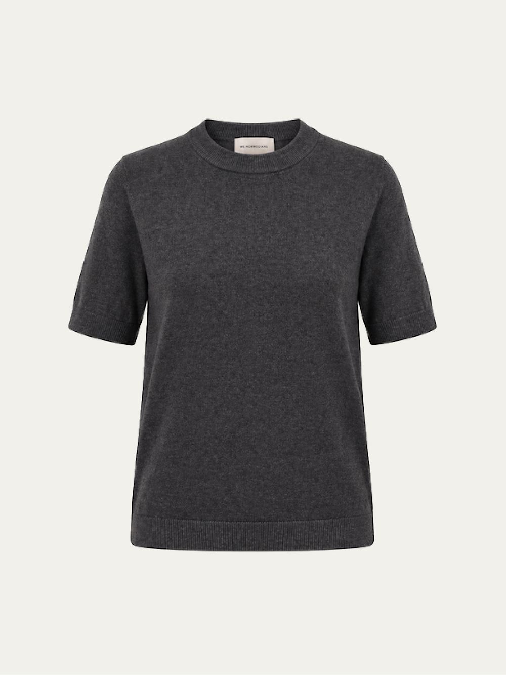 The We Norwegians Club Top Women - Summer Cashmere is a dark gray, short-sleeve, crew-neck sweater made from lightweight cashmere, shown against a plain light background.