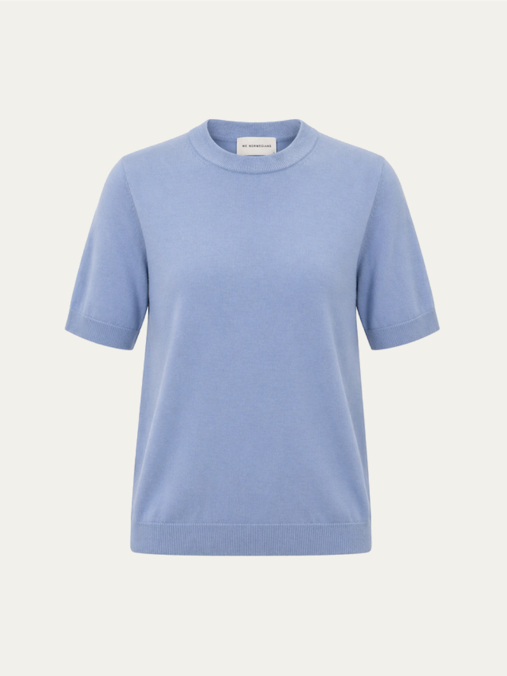 The We Norwegians Club Top Women - Summer Cashmere is a light blue, short-sleeve sweater with a crew neckline, ribbed cuffs and hem, shown against a plain white background.