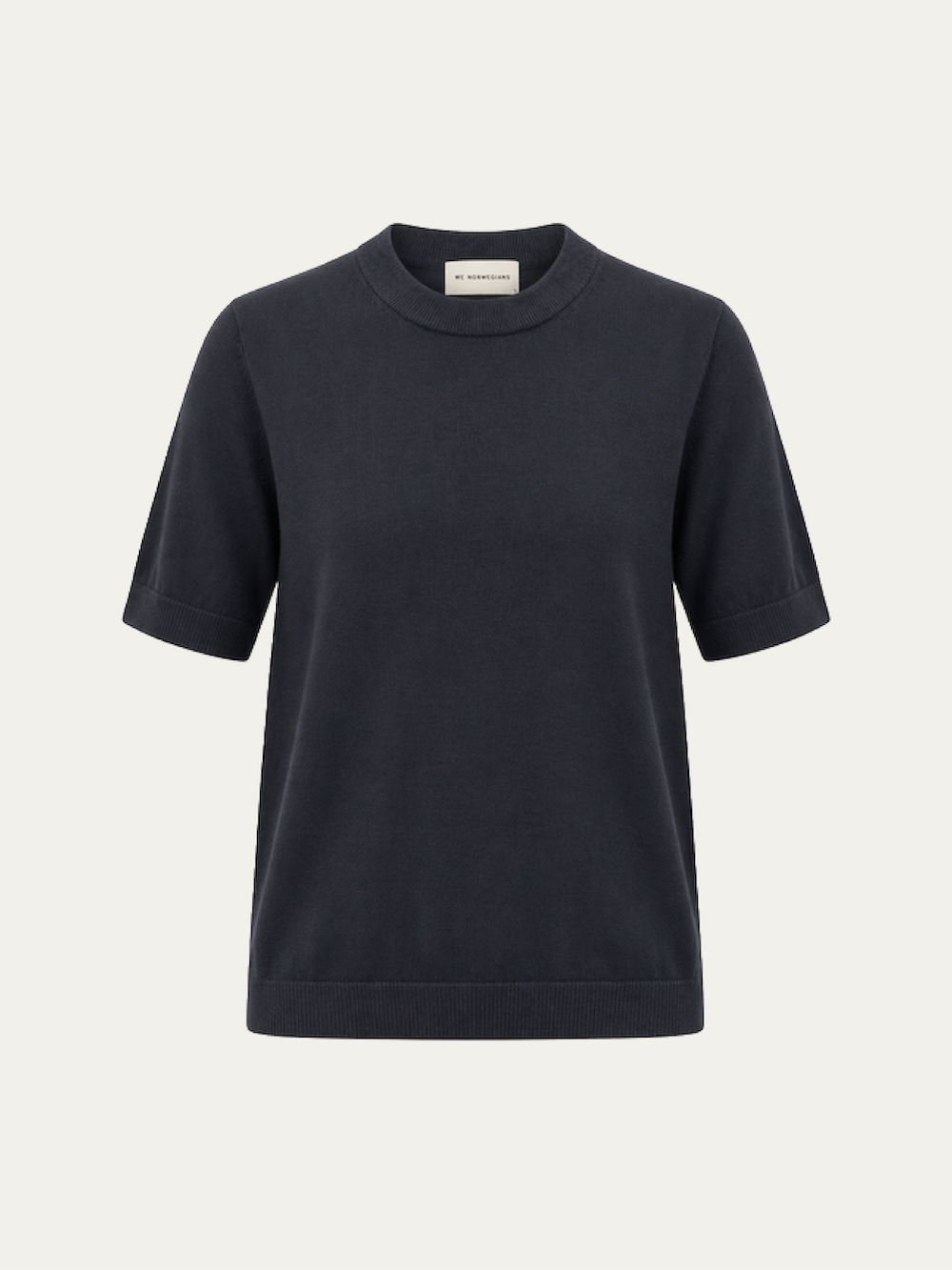The We Norwegians Club Top Women - Summer Cashmere is a short-sleeve, crew neck lightweight black sweater with ribbed cuffs, hem, and neckline. It features a simple, classic design and is displayed on a plain white background.