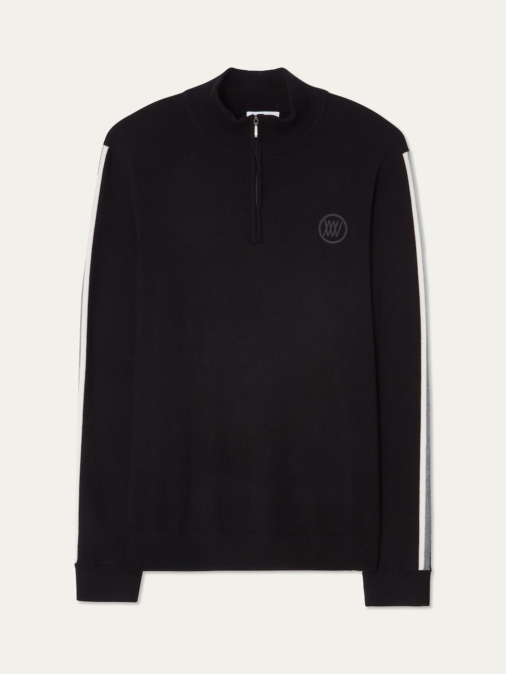 The We Norwegians FreeBird ZipUp men is a black long-sleeve ski sweater with a quarter-zip collar, white stripes on the shoulders and sleeves, and a subtle circular logo on the left chest.