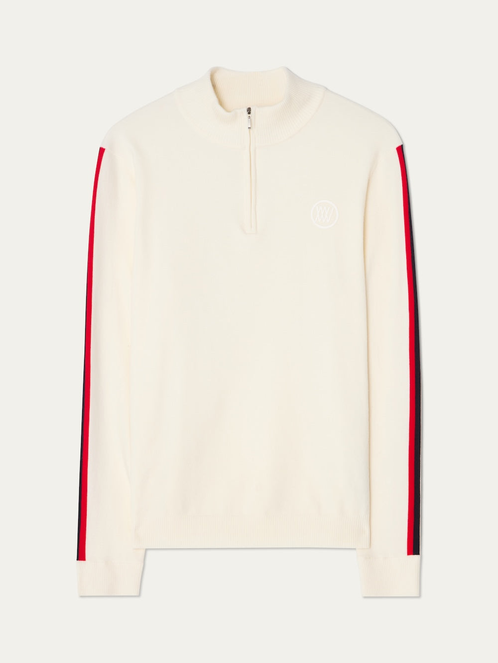 The We Norwegians FreeBird ZipUp men is a cream-colored, lightweight quarter-zip sweater with red and black sleeve stripes and a white circular chest logo—a modern update of the classic ski sweater.