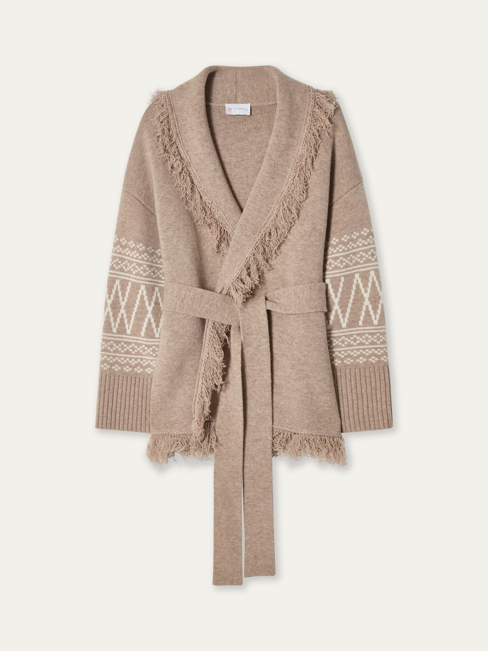 The We Norwegians Setesdal Cardigan women is crafted from a luxurious merino-cashmere blend and features a beige knit design with a shawl collar, fringe trim, white geometric Norwegian-inspired patterns along the sleeves, ribbed cuffs, and a matching belt cinched at the waist, showcased against a light background.
