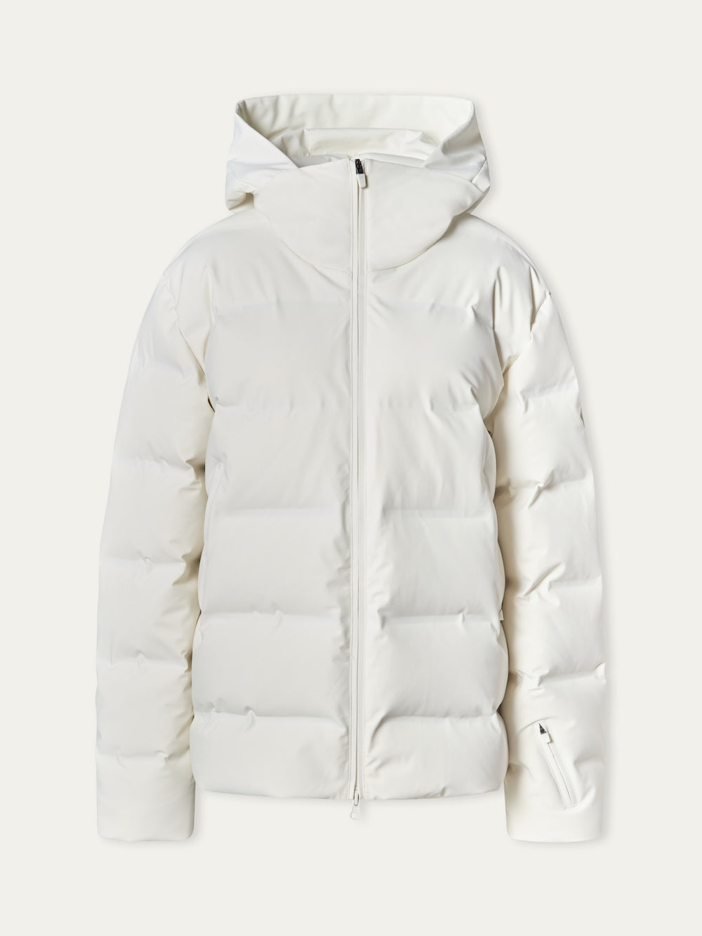 The We Norwegians Nordlys Ski Jacket men is a white jacket with a hood, front zipper, and horizontal quilted sections filled with responsible down, shown against a plain light background.