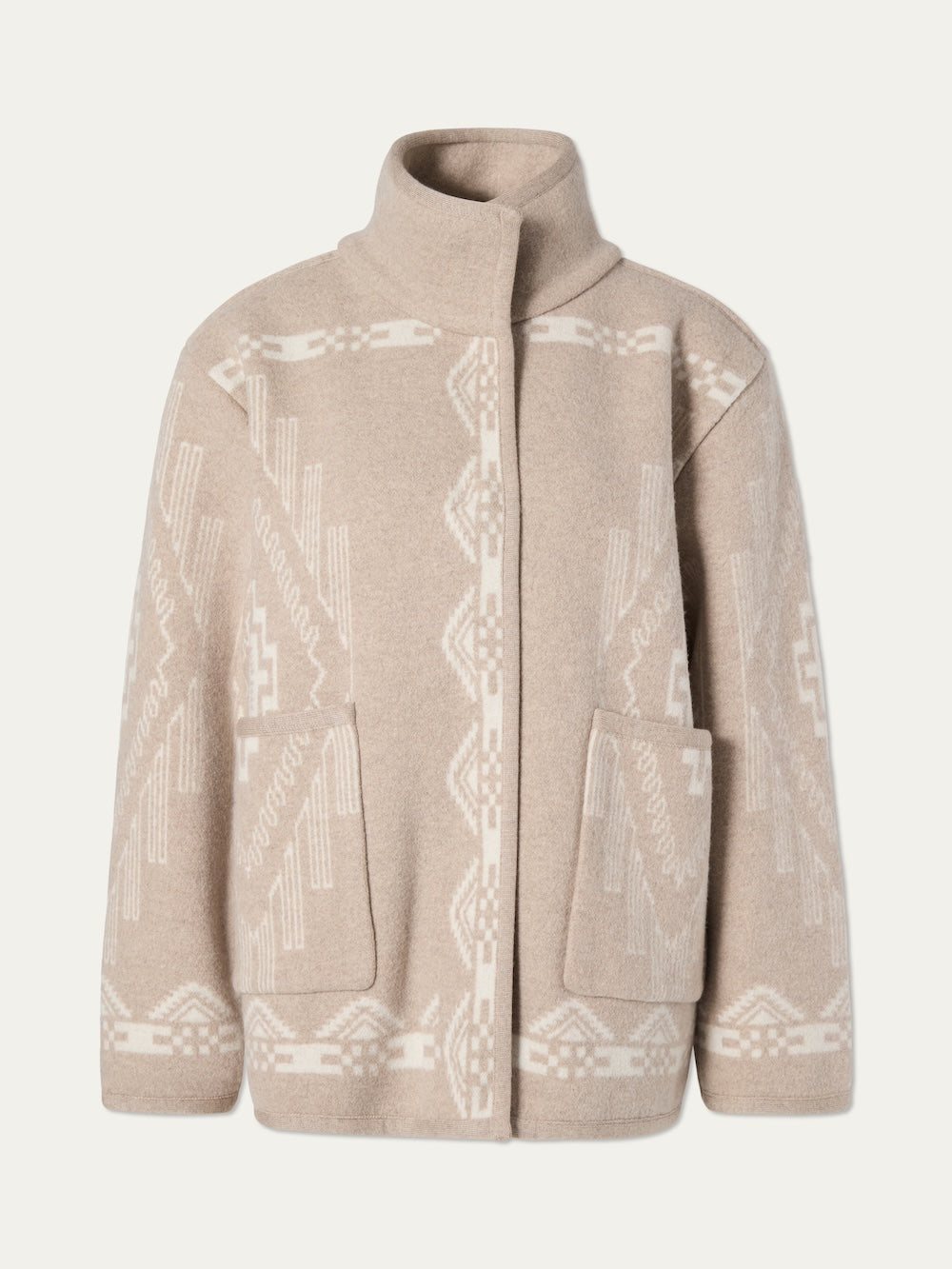 The Pioneer Jacket women - Pre Spring 26 by We Norwegians is made from extrafine merino wool with a high collar, front flap closure, two large front pockets, and bold white geometric patterns on the body and sleeves.